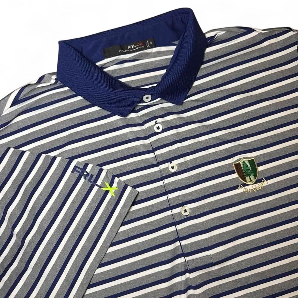Ralph Lauren RLX Golf Blue White & Gray Striped Polo w/ Pine Valley Logo XL